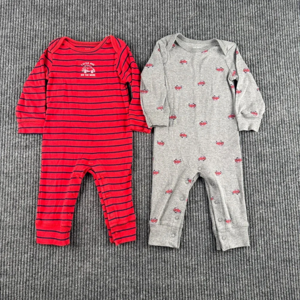 Carters Baby Boy 9M Romper Set 2 Pack Red Striped Gray Car Print Long Sleeve 841